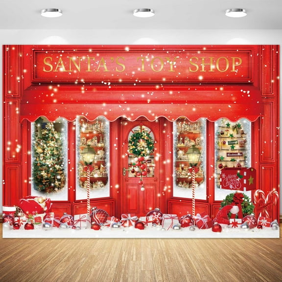 Felortte 10x8ft Red Christmas Photography Backdrop Santa's Toy Shop in Snow Photo Background for Xmas Merry Christmas Party Decoration Banner Studio