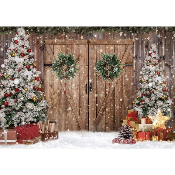 Felortte 7x5FT Polyester Winter Christmas Photography Backdrop Rustic Barn Wood Door Background  for Xmax Party Decoration Photo Studio Props Banner