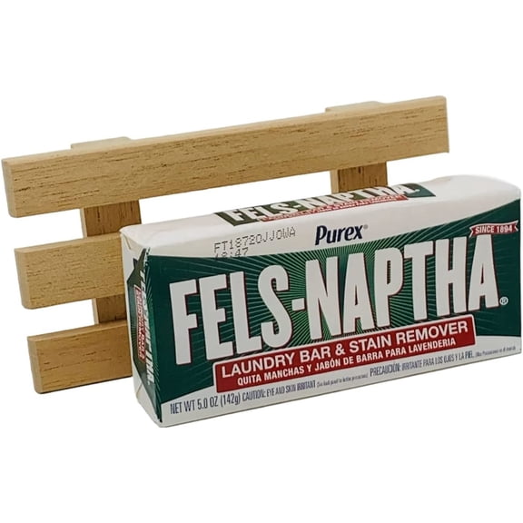 Fels-Naptha Laundry Bar Soap - 5 Ounce Stain Remover with a Hand Crafted Soap Dish of Various Woods. Function and Fashion.