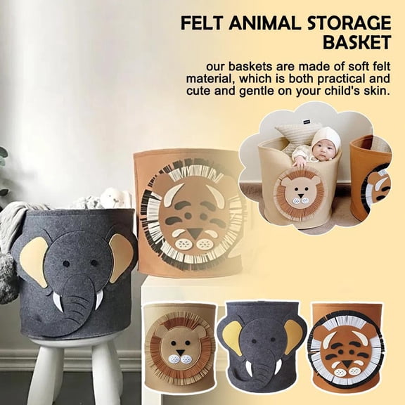 Felt Animal Storage Basket with Lion Elephant and Tiger Design Ideal for New E2