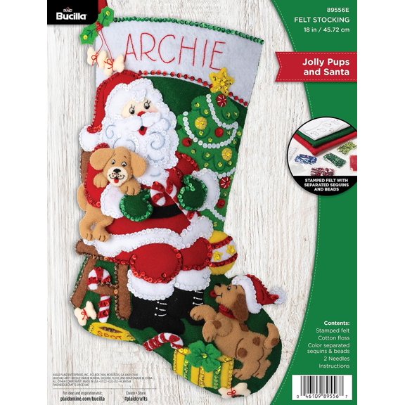 Felt Applique 18" Stocking Making Kit, Jolly Pups Santa, Perfect for DIY Arts and Crafts, 89556E