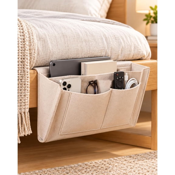 Felt Bedside Caddy, 5-Pocket Bed Storage Organizer for Dorm Bed, Tuck-In Bedside Storage Bag Keeps Phones, Tablets, Books, Remotes and Essentials Organized While Saving Nightstand Space