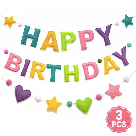 Happy Birthday Banner, Felt Garland Party Decorations with Pom Poms Stars Hearts, Pastel Multicolor, 3 pack