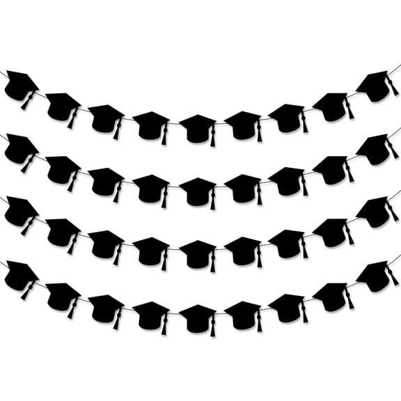 Felt, Black Graduation Cap Garland - 4 Strings, No DIY | Graduation Garland, Graduation 2026 Decorations | Graduation Banner for Black Graduation Party Decorations 2026 | Graduation Cap Decorations