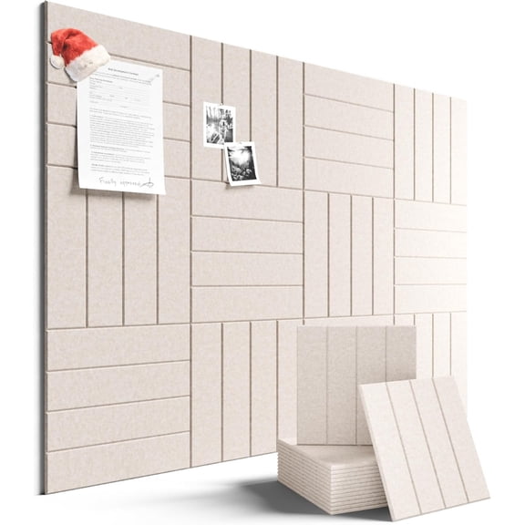 Felt Bulletin Board Tiles Large 48" x 36" Cork Board Alternative-12 Pack with 70 Adhesive Tabs, Thick Slat Wall Panels for Office Decor, -Oatmeal