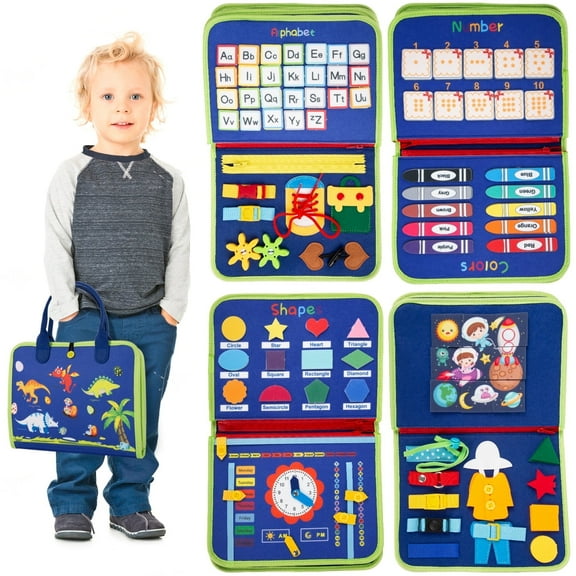 Felt Busy Board, Educational Toddler Toy for 1 2 3 4 Year Old, Montessori Toy for Autism, Travel Toy for Plane Car, Gift for Girls & Boys, Blue, Airhive