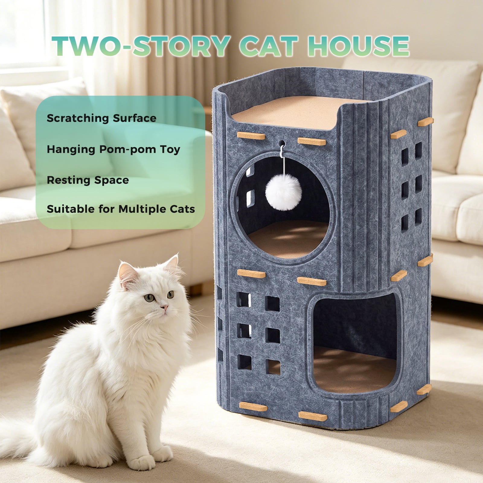 Felt Cat House for Cats, Kittens, Covered Tunnel & Condo with Dual Door Holes, Hanging Fur Ball, Warm & Scratch-Resistant, Cozy Cave for Indoor Outdoor Use, 35*35*60cm