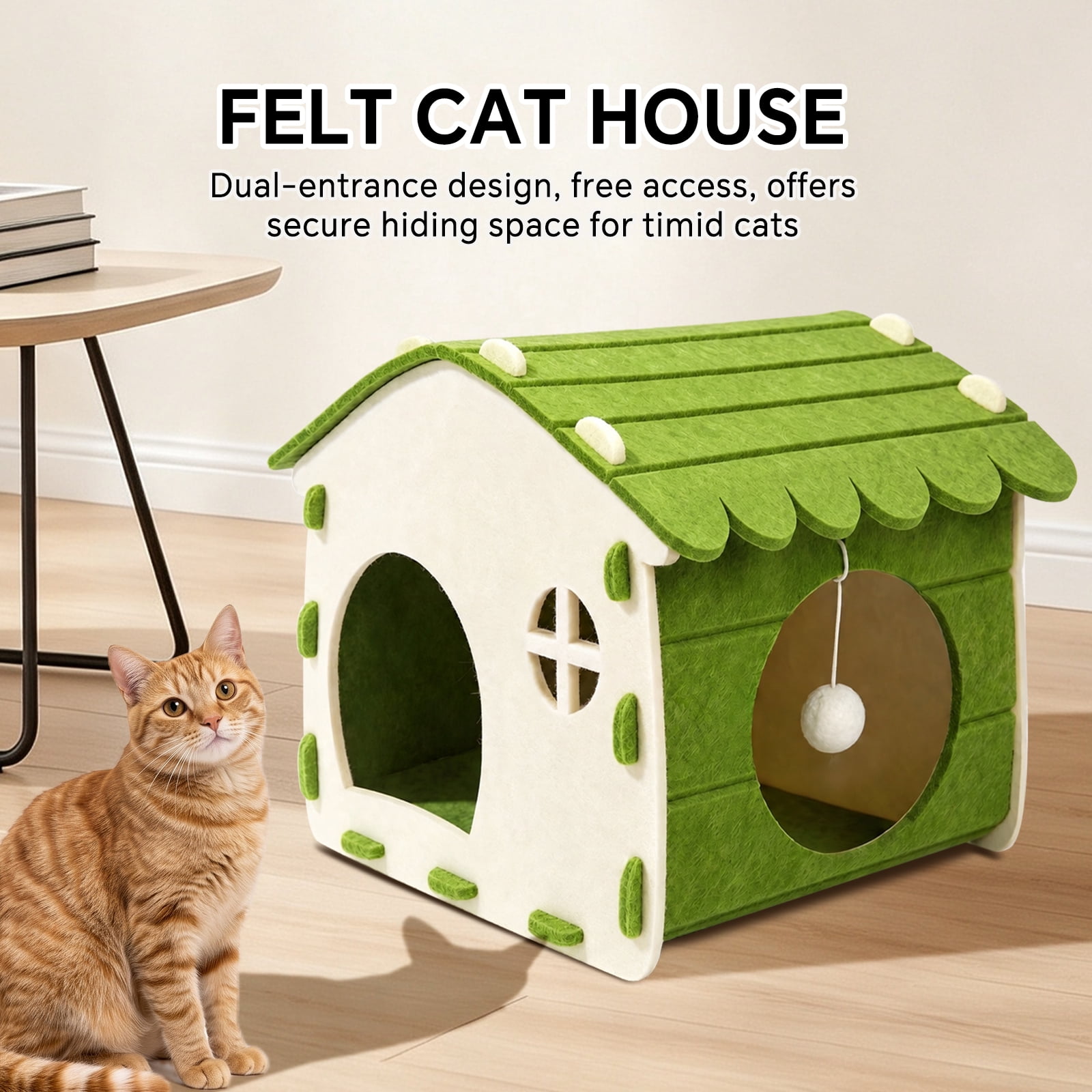 Felt Cat House for Indoor Cats, Cozy Cat Cave Hideaway Bed, Soft Durable Felt Cat Enclosure, All‑Season Cat Shelter for Resting, Napping and Hiding, Green 38*42*37cm