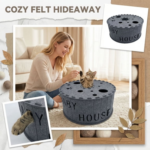 Felt Cat House with Interactive Holes, Multi-Functional Foldable Cat Hideaway Cave for Indoor Cats for Play Rest and Hide