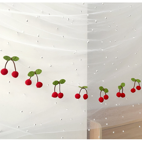 Felt Cherry Garland, Red and Green, Handmade Fruit Banner, Nursery Room Decor