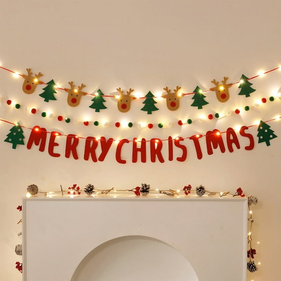 Felt Christmas Garland with Merry Christmas Sign, Tree Ornaments, Deer and Stars for Fireplace and Holiday Decor