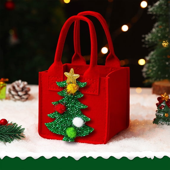 Felt Christmas Gift Tote Bag, 3.77in Polyester Festive Character Styles Handbag for Christmas Apple Candy Packaging Holiday Party Present Carry Bag