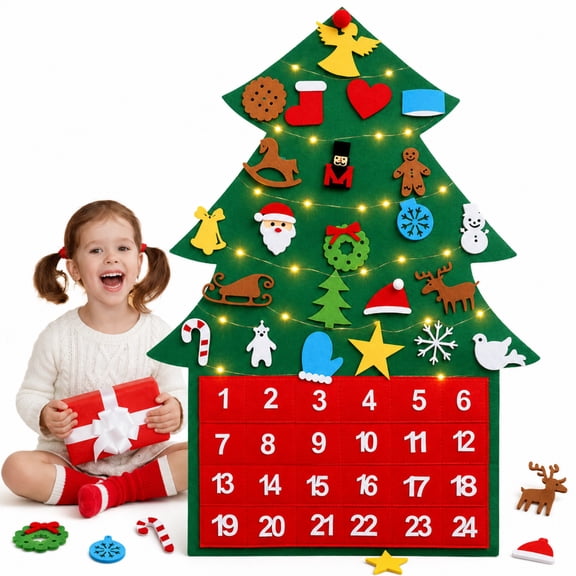 Felt Christmas Tree Advent Calendar with 9.8 ft String Lights, 24-Day Countdown Wall Hanging with Felt Ornaments, DIY Christmas Decoration for Kids, Family and Home