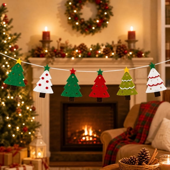 Felt Christmas Tree Banner, 118 In String With 12 Mini Trees For Mantel Fireplace Wall And Party Backdrop Decoration, Holiday Garland Set