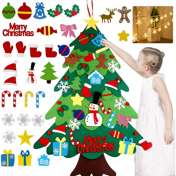Felt Christmas Tree DIY Set, 32pcs Detachable Ornaments, Xmas Gifts for Kids New Year Handmade Christmas Door Wall Hanging