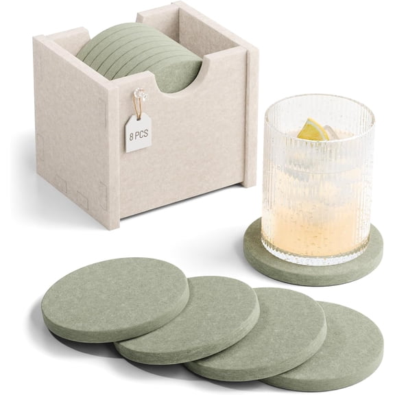 Felt Coasters for Drinks, Set of 8 Absorbent Coasters with Holder, Heat-Resistant & Reusable Round Design for Coffee Table & Living Room, 3.94 Inch, Sage