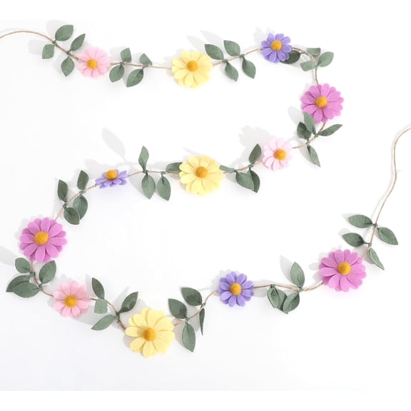 Felt Colorful Daisy Banner - Spring Birthday Wedding Party Decorations,Colorful Flowers Green Leaves Chain Garland,Flower Leaf Party Photo Props,Bohemian Daisy Home Room Hanging Garland