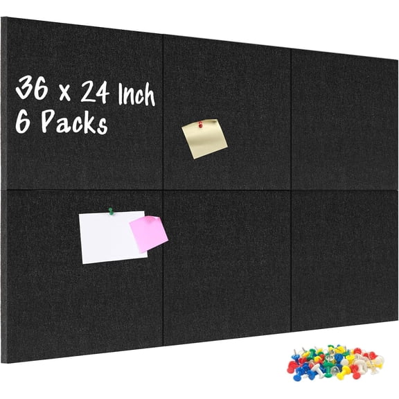 Felt Cork Board Tiles, 6 Pcs 12" x 12" Bulletin Board, Black
