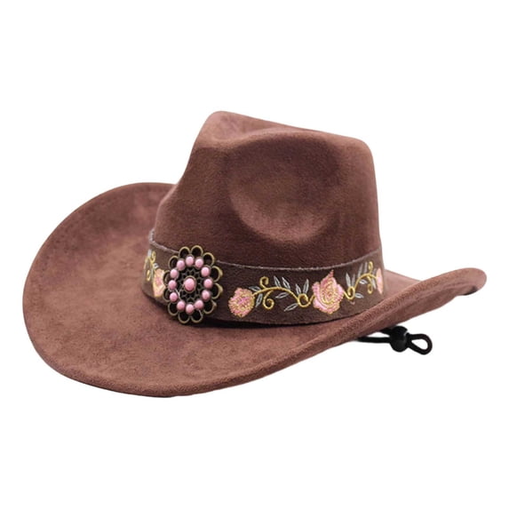 Felt Cowboy Hat Wide Brim Flower Embroidered Belt Western Sun Hats Casual Party Beach Jazz Cap for Men Women Unisex