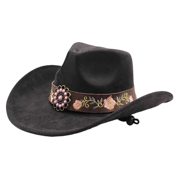 Felt Cowboy Hat Wide Brim Flower Embroidered Belt Western Sun Hats Casual Party Beach Jazz Cap for Men Women Unisex