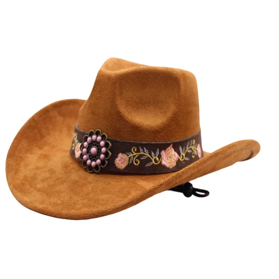 Felt Cowboy Hat Wide Brim Flower Embroidered Belt Western Sun Hats Casual Party Beach Jazz Cap for Men Women Unisex