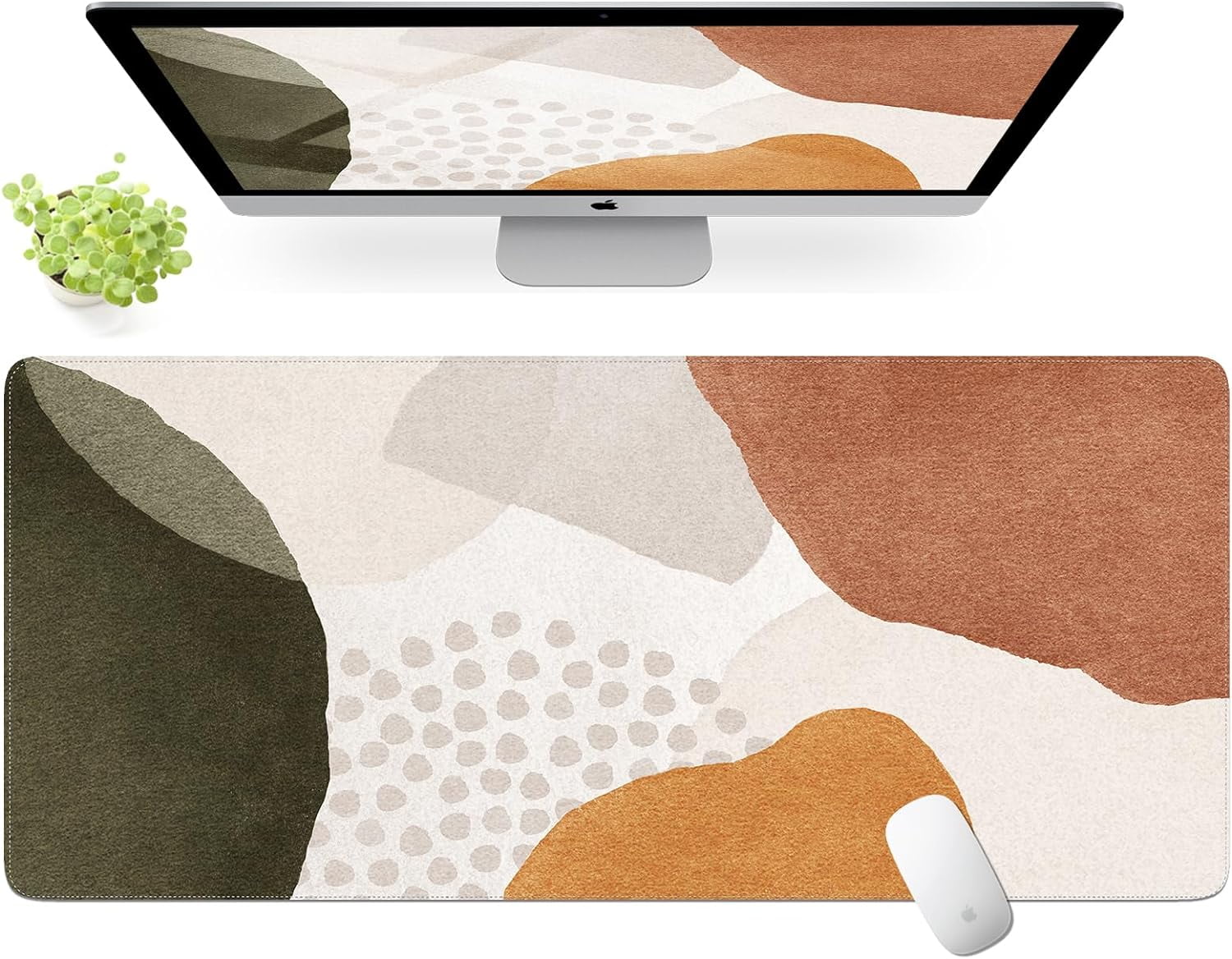 Felt Desk Mat, No Bad Smell Felt Mouse Pad with Stitched Edges, Boho Felt Desk Pad Mat, Computer Mats, 3mm Thick 35.4 x 15.7inch Large Mouse Pad, Desk Matt for Desktop, Color Block Green Brown