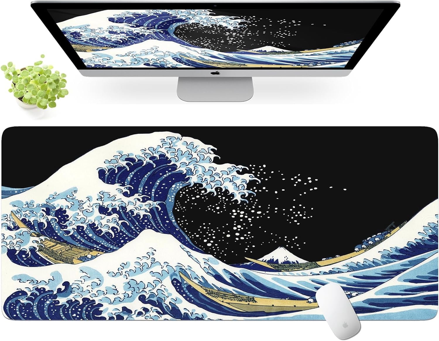 Felt Desk Mat, Japanese Sea Wave Large Mouse Pad, No Bad Smell Felt Mouse Pad with Stitched Edges, 3mm Thick 35.4x15.7 inch Felt Desk Pad Mat, Black Mouse Pad for Gaming Work, Blue
