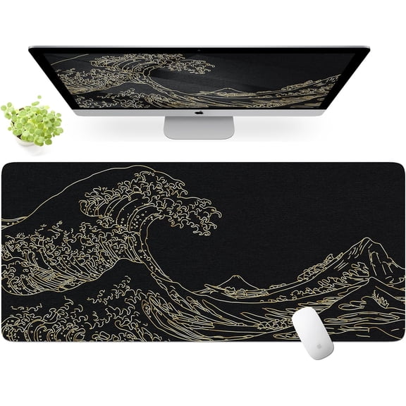 Felt Desk Mat, Japanese Sea Wave Large Mouse Pad, No Bad Smell Felt Mouse Pad with Stitched Edges, 3mm Thick 35.4x15.7 inch Felt Desk Pad Mat, Black Mouse Pad for Gaming Work, Black Gold