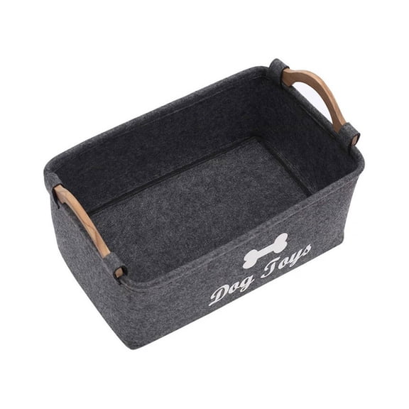 Felt Dog Toy Storage Box with Wooden Handles, Medium Cubby Shelf Pet Toy Bin for Puppy Chew Toys