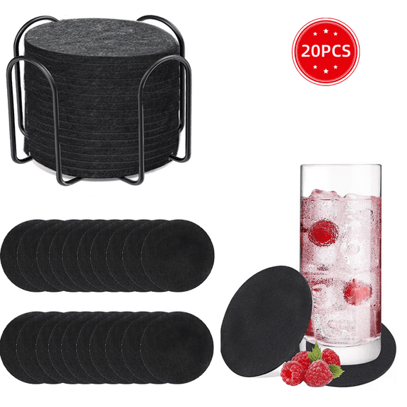 Felt Drink Coasters, 20 Piece Drink Coasters with Coaster Holder, Drink Sipper Coasters Round Coasters