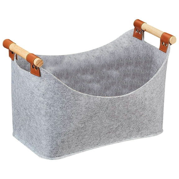 Felt Firewood Basket with Wooden Handles, Extra Thick, Large Capacity Storage Bin, Durable Reinforced Stitching, Dirt - Resistant Firewood Carrier,Gray