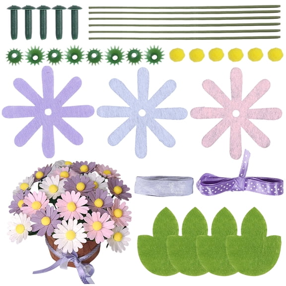 Felt Flower Art Craft Kit DIY Daisy Bouquet with Paper Instructions Pink Purple Floral Arrange Pre-Cut Felt Flowers and Foliage
