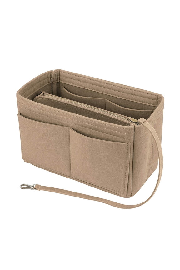 Felt Handbag Insert Organizer, 10.24" x 5.9" Zippered Multi Pocket Caddy for Tote, Compact Travel PouchSuitable for Daily Commute, Journey, Vanity