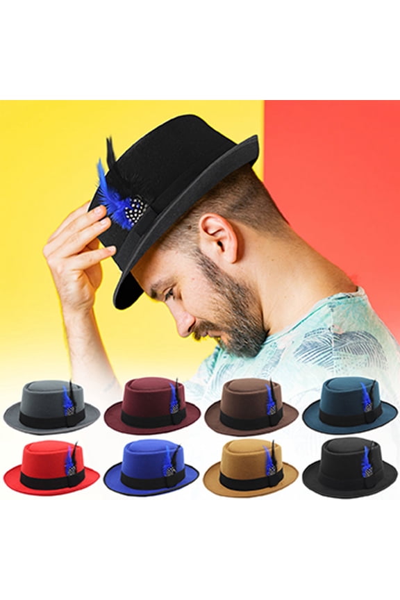 Felt Hats for Women Men, Wide Brim Flat Top Hat, Jazz Hat with Feather Unisex Blue