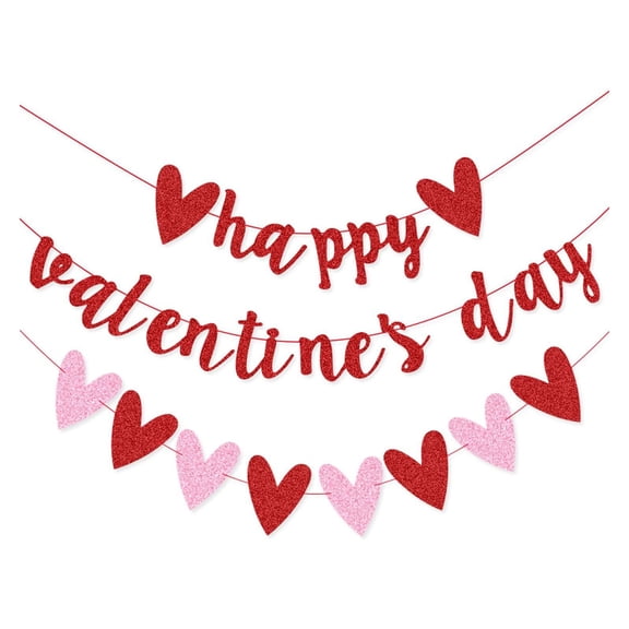 Felt Heart Garland Banner, Pre-Strung | Valentines Decorations | Red Pink White Valentines Banner | Anniversary Wedding Birthday Party Decorations | Outdoor Home Hanging Valentines Decor