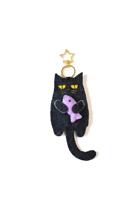 Felt Kitty Keyring  Handcrafted Black Cat Keychain Pouch with Mini Storage  5 Interchangeable Charms  1 Piece