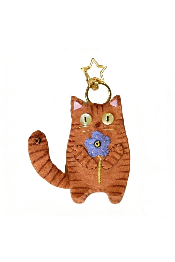 Felt Kitty Keyring Handcrafted Orange Tabby Cat Keychain Pouch with Mini Storage 5 Interchangeable Charms 1 Piece