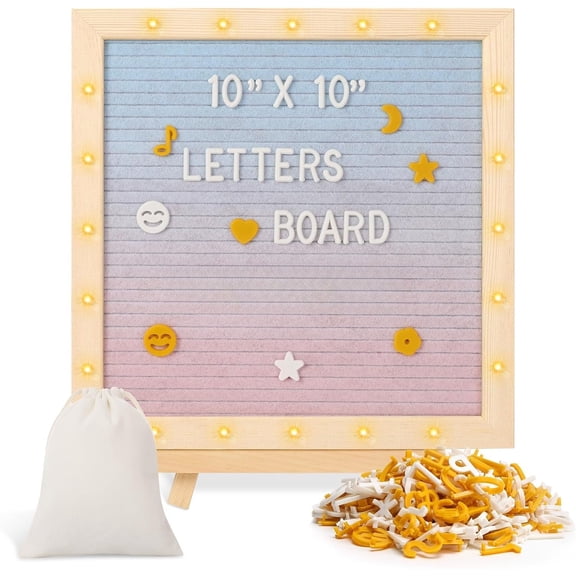 Felt Letter Board, 10"x10" Wooden Letter Board Sign, Changeable Message Board with 20 LED Lights & 340 Letters, Announcement Sign, First School Day Board, Colorful