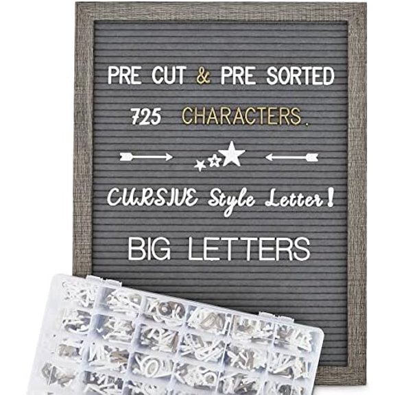 Felt Letter Board 12x16 Inch Rustic Wood Frame,Pre Cut & Sorted 725 Letters with Stand, Dark Grey Changeable Letter Boards Message Board Sign, Classroom Decor Farmhouse Wall Decor Sign Board