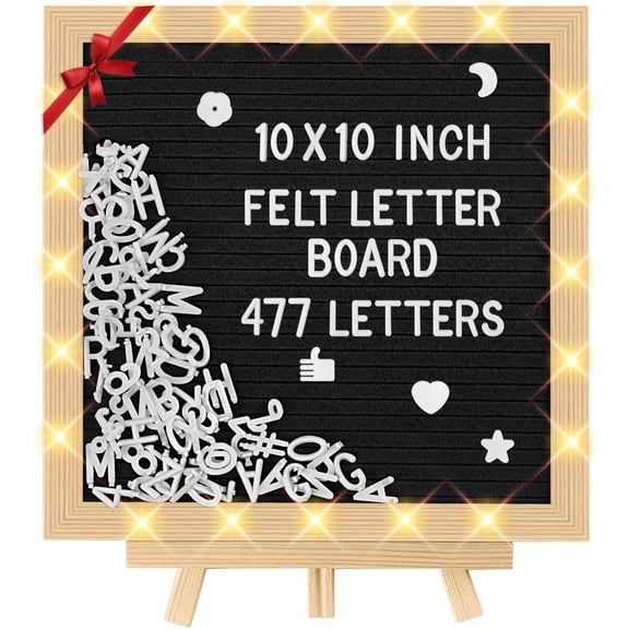 Felt Letter Board with LED Lights - 10 10" Custom Message Board with Changeable Letters & Stand, Letter Board with 477 Letters for Pregnancy Announcement/Baby/Celebration/Home Decor(Black)