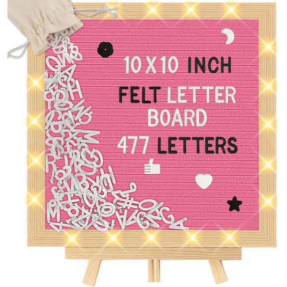 Felt Letter Board with LED Lights, 10x10" Message Board with 477 Changeable Letters & Wood Stand, Custom Sign for Pregnancy Announcement, Baby Shower, Home Decor