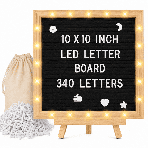 Felt Letter Board Sign with LED Lights and Stand, 10 x 10 Inch Changeable Message Board with Wood Frame, Light Up First Day of School Sign, Baby & Pregnancy Announcement