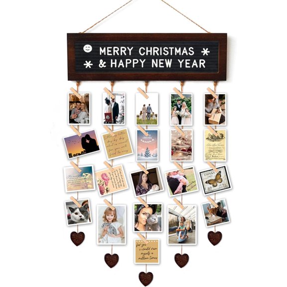 Felt Letter Board with 340 Letters and 30 Clips - Rustic Picture Frames Collage Wall Decor Sign - Multi Photos Cards Organizer 15.7x5 Inches (Walnut)