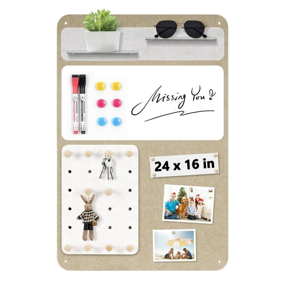 Felt Board, Cork Board with Magnetic White Board,Self-Adhesive Notice Board for Wall with Markers,Acrylic Floating Shelf,Push Pins,Wooden Hooks for Home Office
