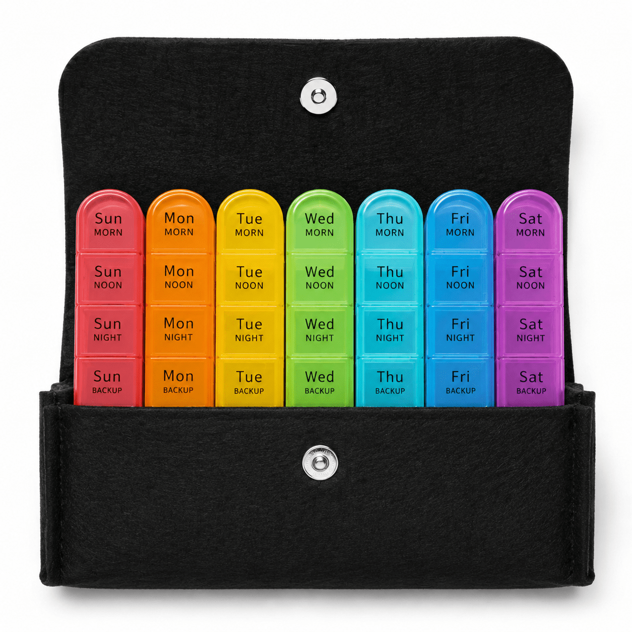 Felt Pouch Pill Organizer 7 Day, 4-Times-a-Day Pill Case, Compact Vitamin Box with Snap Closure for Everyday Carry