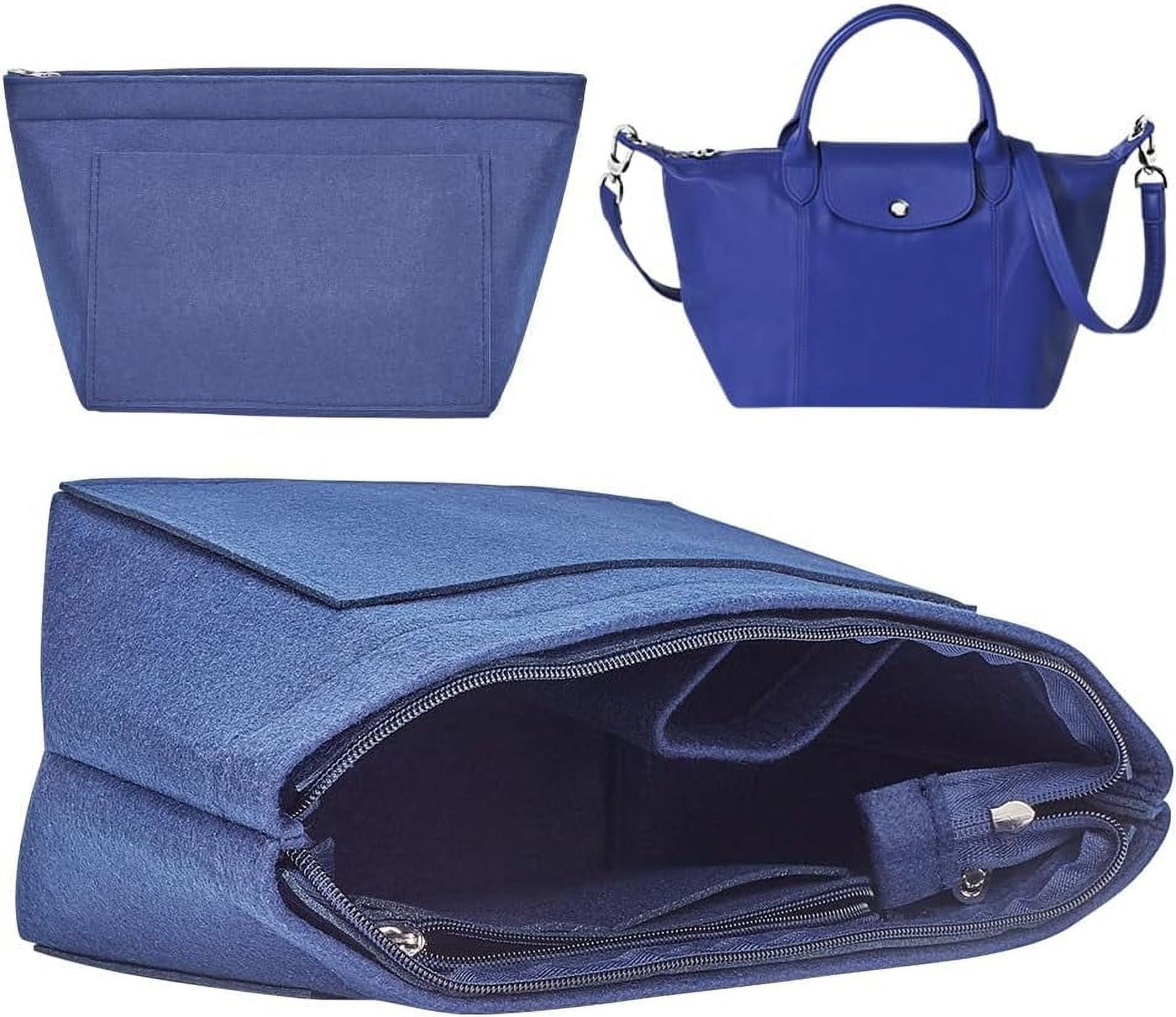 Felt Purse Organizer Insert Multi Pocket Handbag Organizer Folding Tote Bag Inside Rectangle Bag in Bag Zipper Shoulder Bag Interior Shaper for Longchamp Le Pliage 8.7x5.1x7.4 Inch Navy Blue DIY Walma...