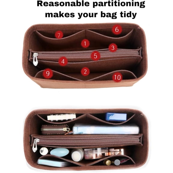 Felt Purse Organizer with Zipped, Bag Organiser Insert for Women,Perfect for carrycall Neverfull Tote bag(Coffee, small)