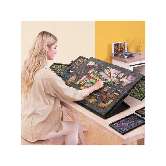 Felt Puzzle Board with Drawers, Portable Puzzle Table for 1000 Pieces, Tilting Puzzle Board with Lid and 6 Drawers for Adults and Travel, Integrated Puzzle Felt Board