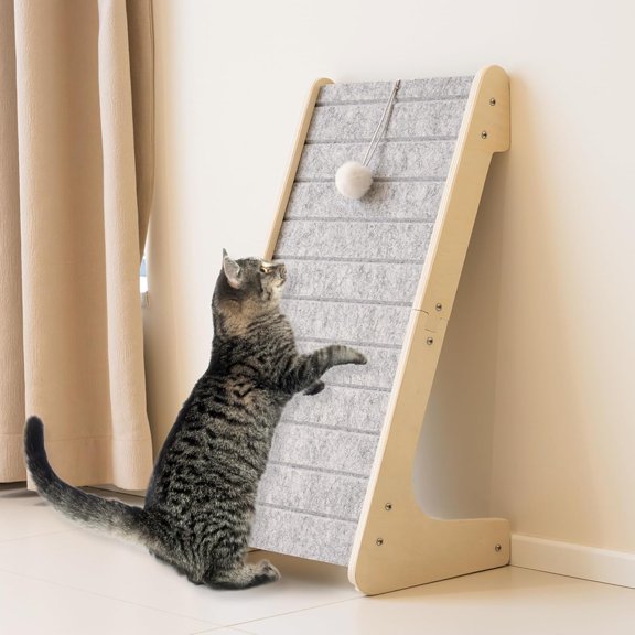 Felt Scratcher, L Shaped Pad, Scratch Resistant Carpet Scratcher Ramp, Slot-Free Scratch Board with Ball, Light Grey