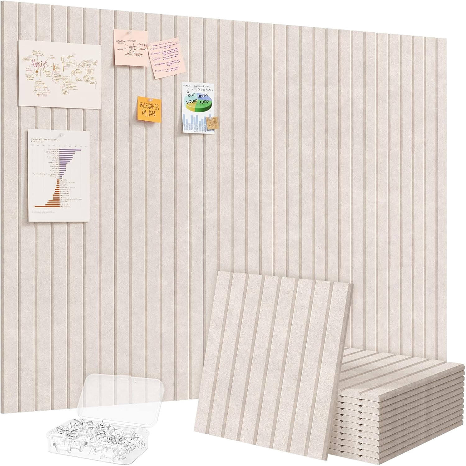 Felt Slatted Bulletin Board with Self-Adhesive, 48"x 36"-12 Pack Cork Board Alternative, Pin Board Vision Board Message Board with 50 Pushpins for Office Decor, Room Decor, Oatmeal